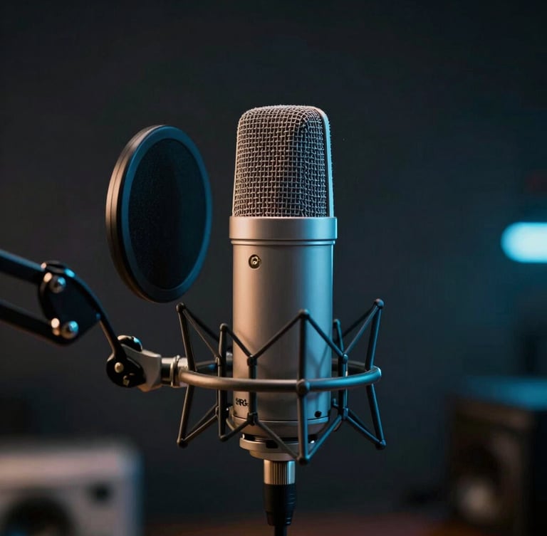 Tight macro shot of a high-end Shure SM7B microphone on a boom arm, moody studio lighting with neon blue accent glow, shallow depth of field, 35mm anamorphic lens