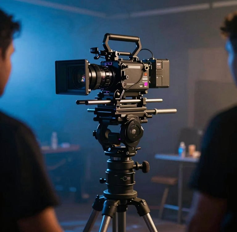 Behind the scenes of an active film set, a high-end cinema camera rig on a stabilizer, moody blue and amber backlighting, haze in the air, professional filming environment