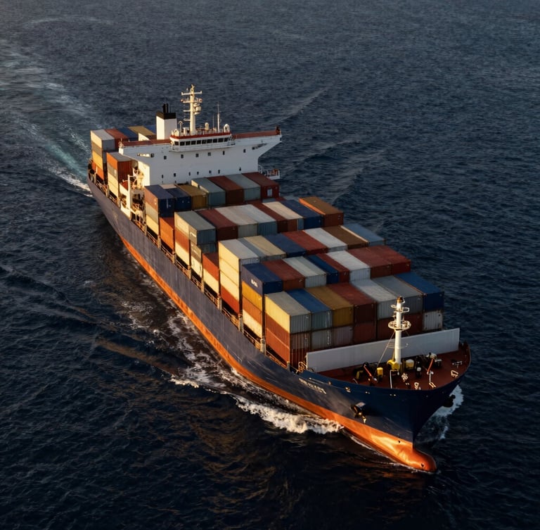 Wide cinematic aerial view of a massive container ship cruising through deep navy ocean waters at golden hour, high-contrast industrial realism