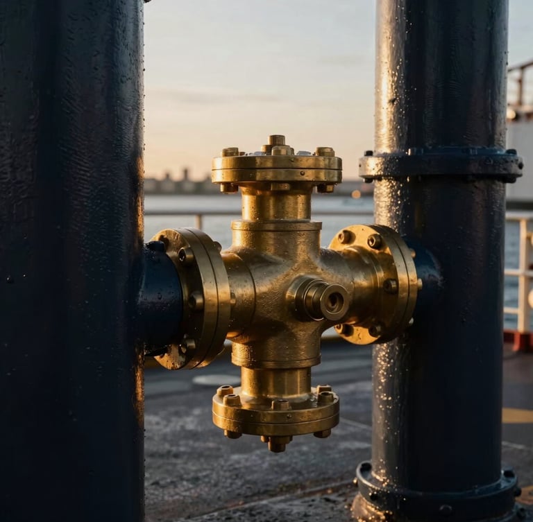 Macro close-up of a heavy brass bunkering manifold connection on a ship deck, low-key dramatic lighting, dark navy and gold tones