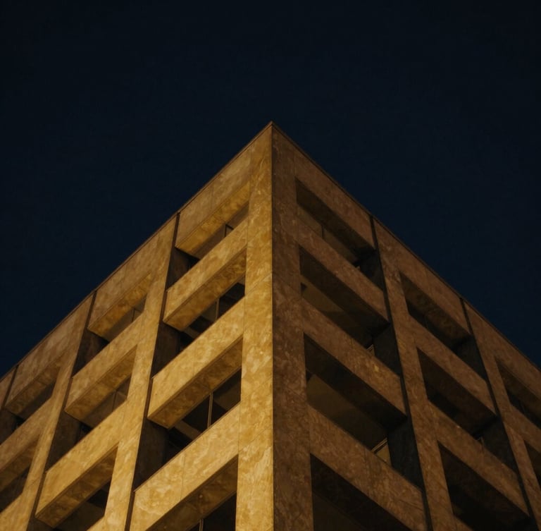 Low-key high-contrast architectural photograph of a golden geometric structure rising into a deep midnight navy sky, 35mm cinematic lighting