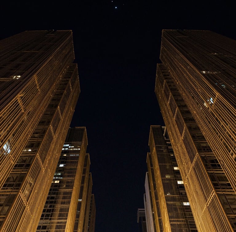 High-contrast low-key portrait of abstract gold-threaded architectural structures reaching toward a dark starry sky, cinematic lighting, 35mm