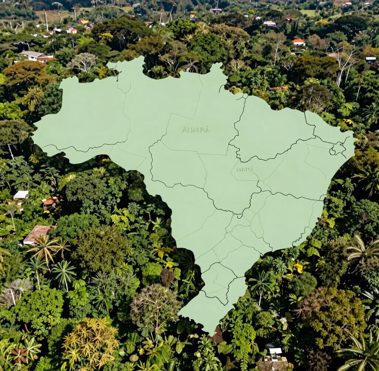 Vista aérea técnica de georreferenciamento de limites territoriais sobrepostos à floresta densa do Amapá, linhas topográficas nítidas, luz solar equatorial direta.