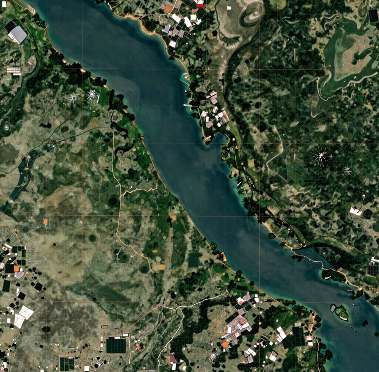 Wide panoramic satellite cartography overlay of the Amapá coast and Amazon river mouth, displaying technical green and copper vector gridlines, sharp contrast, natural daylight.