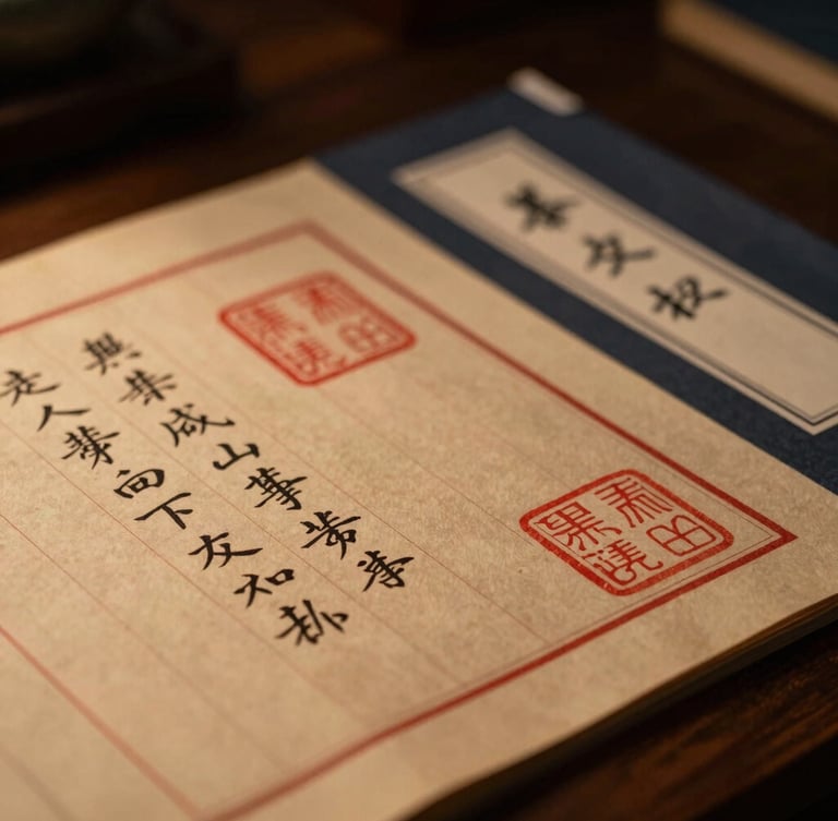 Close-up of traditional Chinese legal documents with red seals on a dark wooden desk, dramatic editorial photography, low-key warm golden lighting, deep charcoal and rich red tones, shallow depth of field, 50mm lens.
