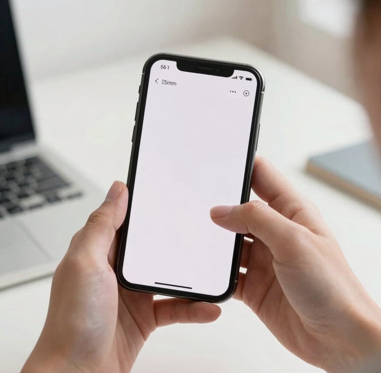 Close-up of a modern smartphone displaying a clean user interface held by hands in a bright, natural daylight workspace, 35mm photography