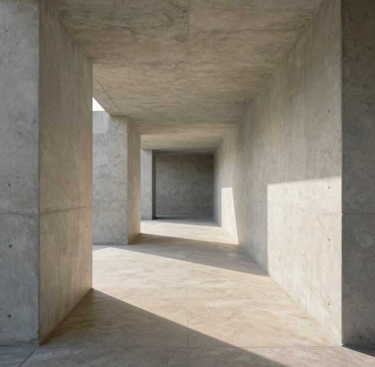 Straight-on symmetrical architectural shot of a minimalist concrete and travertine corridor, soft morning light casting long shadows, pristine dust-free surfaces.