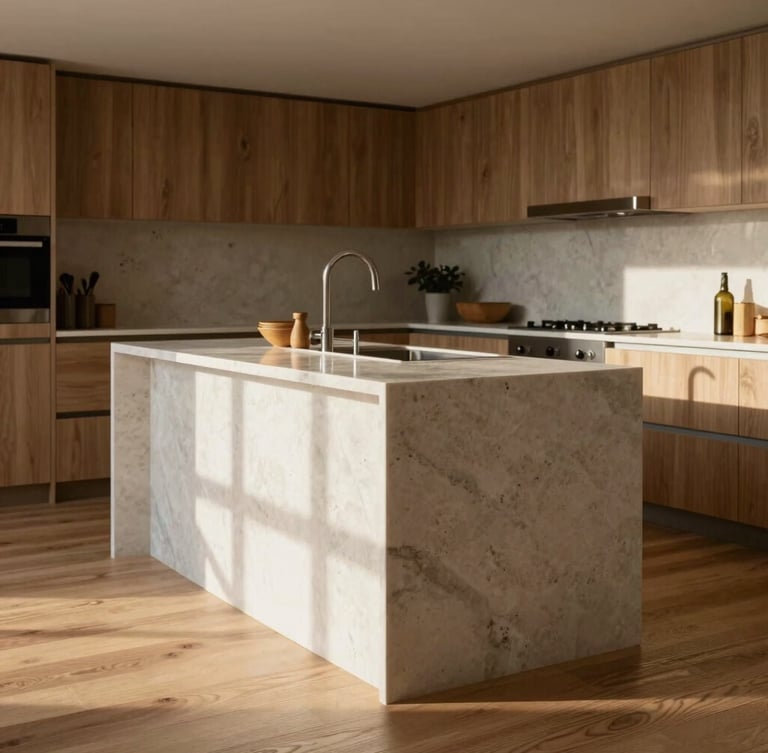 Straight-on architectural elevation of a luxury kitchen, oak flooring meeting a seamless travertine island with a perfect joint, warm natural side-light highlighting textures.