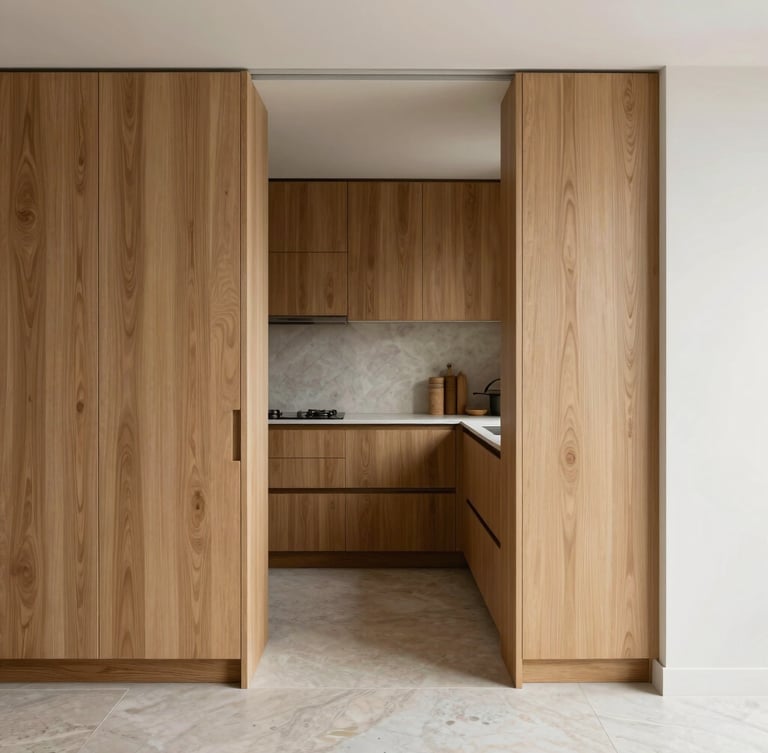 Straight-on architectural elevation of a minimalist kitchen transition, oak cabinetry meeting travertine flooring under soft natural side-light, clean lines, high-contrast.