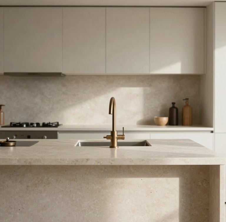 Straight-on architectural elevation of a minimalist kitchen, travertine cream island, brushed bronze tap, soft natural side-light.