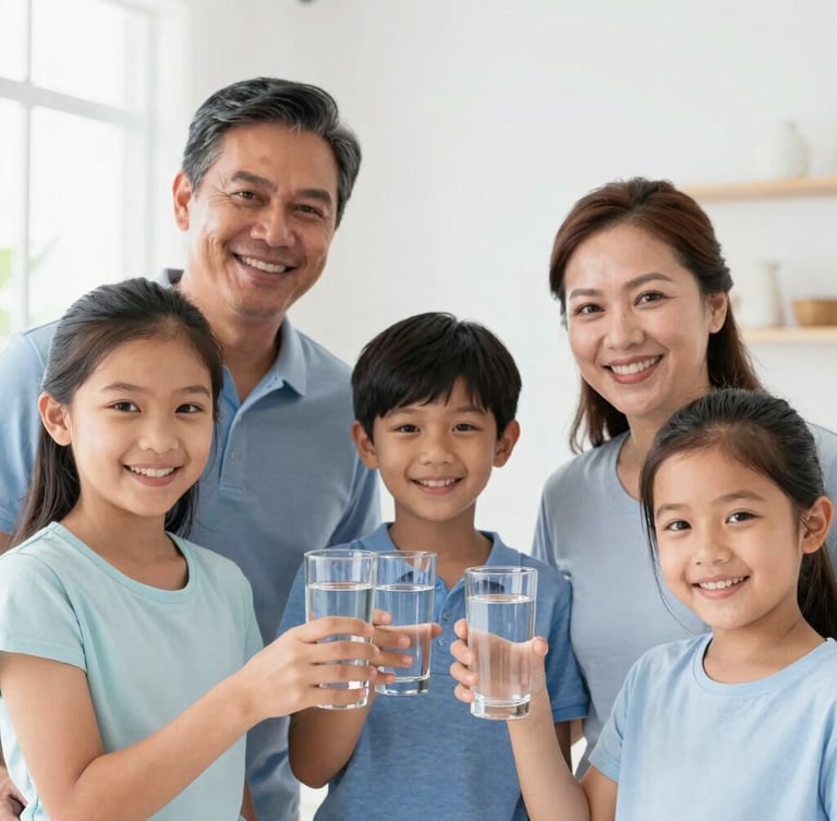 A medium-close portrait of a smiling Filipino family in a bright, sunlit home, holding glasses of crystal-clear water, warm and authentic atmosphere.