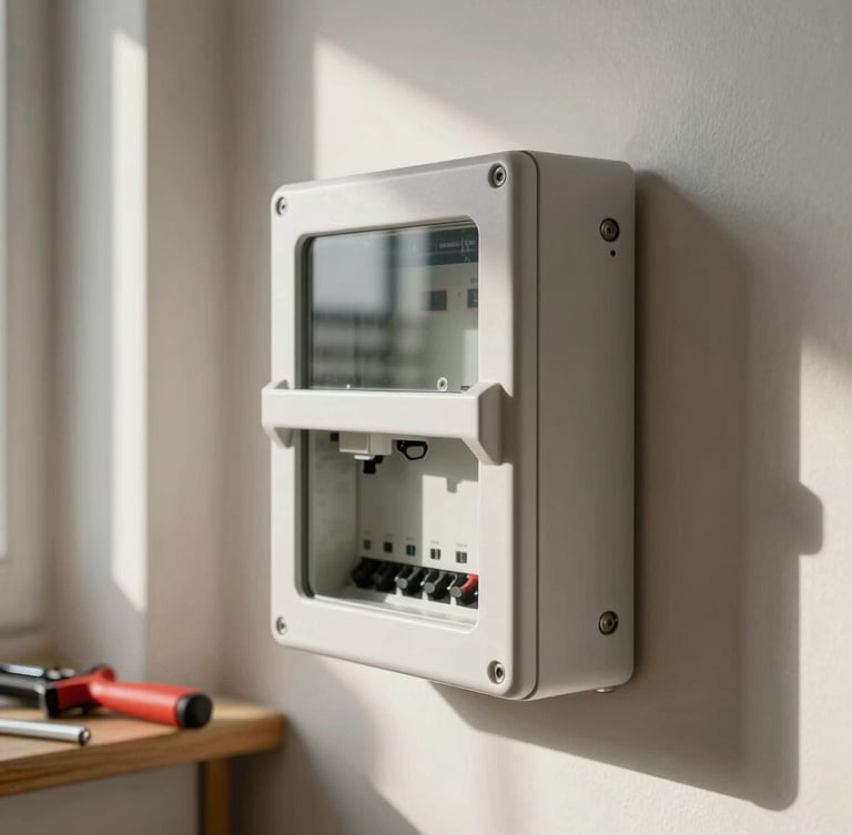 Planos detalle de un cuadro eléctrico moderno y ordenado en una vivienda de Barcelona, luz natural nítida del día, herramientas de precisión colocadas a un lado.