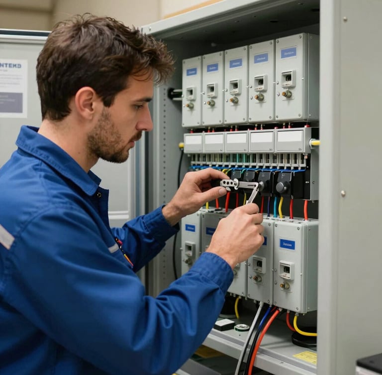 Primer plano técnico de un electricista uniformado trabajando con precisión en un cuadro eléctrico moderno en Barcelona, iluminación clara y herramientas ordenadas.