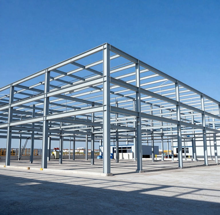 Wide shot of a large industrial warehouse under construction, structural steel framework prominent against a bright blue sky, high-contrast shadows, architectural photography, sharp focus, 35mm lens