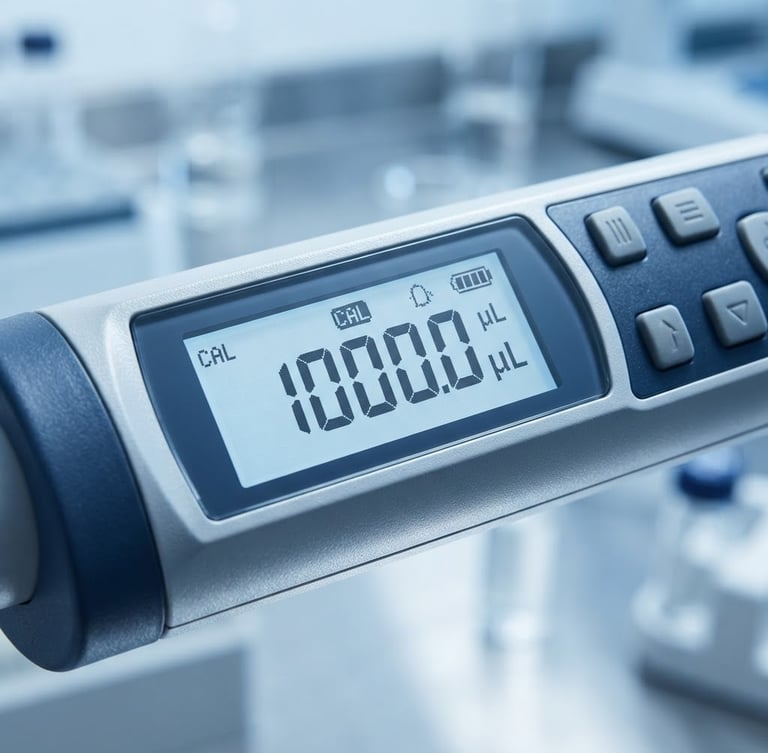 Macro shot of a high-precision digital pipette calibration interface under clinical white light, cool blue tones, sharp focus on the digital readout showing precise decimal values.