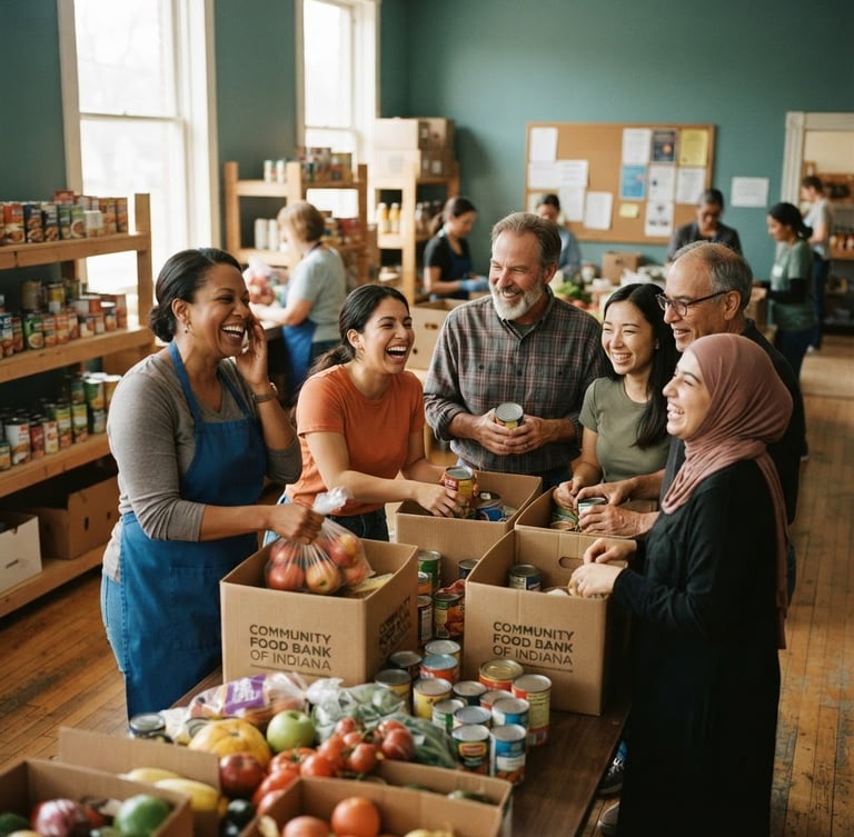 Warm editorial photography of a diverse group of local volunteers laughing together while sorting food baskets in a bright, sunlit community center in Indiana, 35mm.