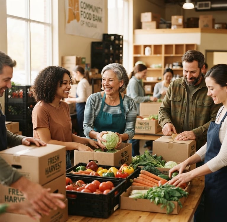 Warm editorial 35mm photograph of Indiana volunteers packing fresh produce boxes together in a sunlit community center, soft natural daylight, candid smiles, earthy teal and copper tones.