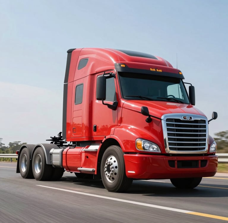 Dynamic low-angle shot of a modern red tractocamión semi-truck in motion on a clean Mexican highway under bright daylight, sharp focus on the metallic cabin, motion blur on the asphalt.