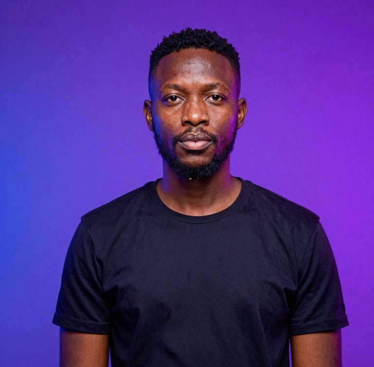 Studio portrait of Prince Asiamah with vibrant purple and blue neon backlighting, sharp focus, 35mm
