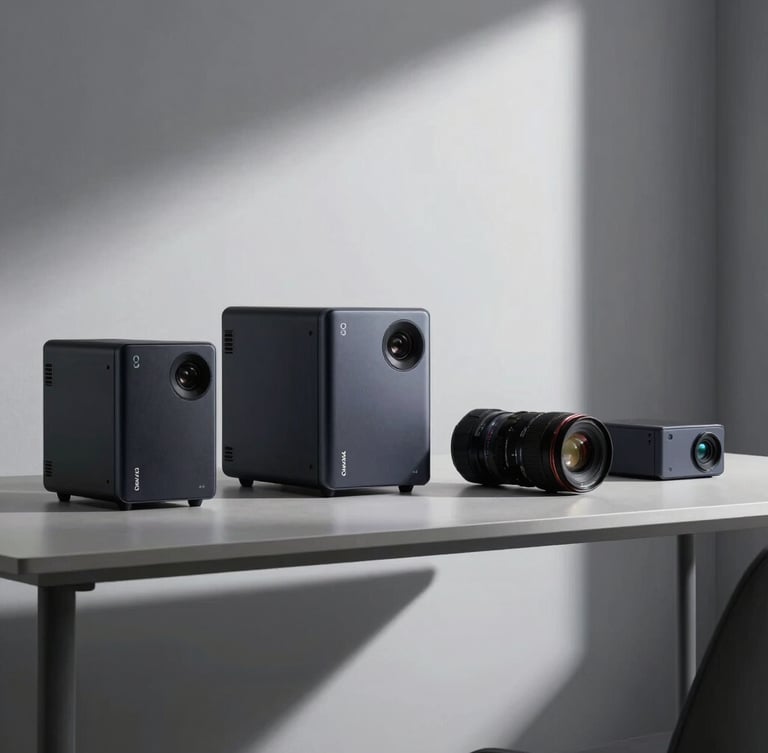 Cinematic wide shot of a clean minimalist desk setup with high-end hardware, deep charcoal tones, strong key light, abstract architectural lines.