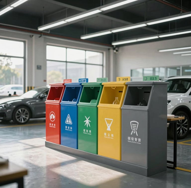 Wide professional shot of a clean, highly organized automotive workshop with clearly marked environmental compliance and waste sorting stations under bright natural light.