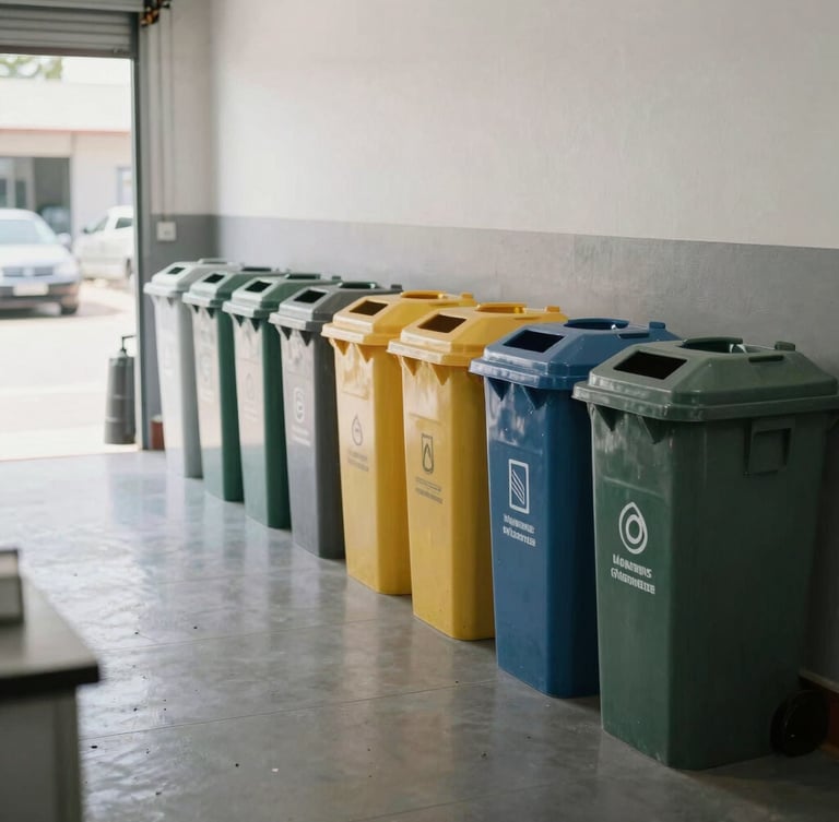 A clean, highly organized automotive workshop floor in Minas Gerais, showing clearly labeled waste sorting containers under natural daylight, professional and compliant.