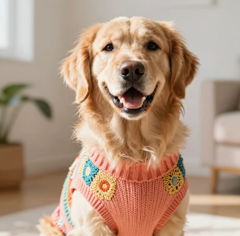 Eye-level portrait of a happy golden retriever wearing a colorful hand-stitched coral sweater, sitting in a sunlit room, warm editorial photography, shallow depth of field, 35mm