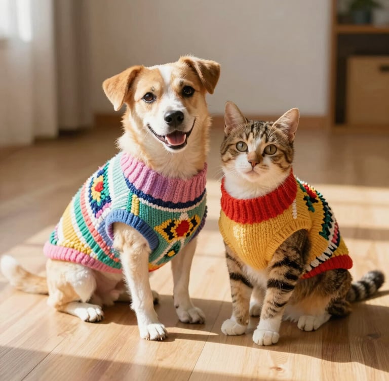 A happy dog and cat sitting together on a sunny wooden floor, wearing vibrant, perfectly fitted handmade sweaters with colorful Mexican artisanal patterns, soft golden-hour light, eye-level pet portrait, 35mm