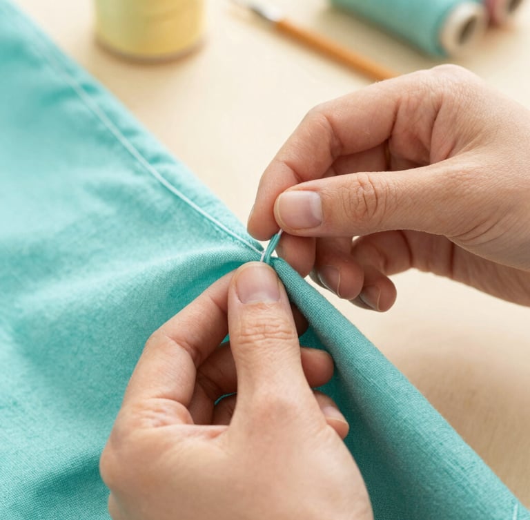Close-up of artisan hands carefully stitching a turquoise fabric hem with soft cotton thread, warm natural workshop lighting, detailed fabric texture, shallow depth of field