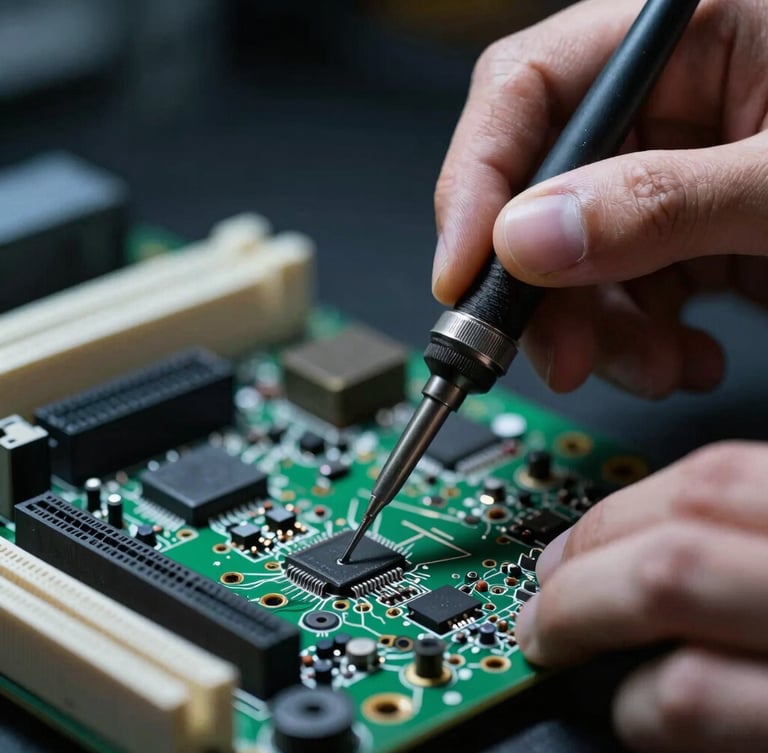 Portrait extreme close-up of hands soldering components on a motherboard, dramatic directional workbench lighting, cool technical color palette, shallow depth of field, 50mm.