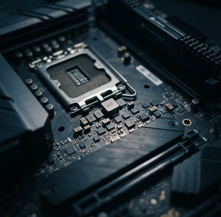 Macro shot of a motherboard under dramatic directional workbench lighting, cool ambient tones, shallow depth of field, 50mm.