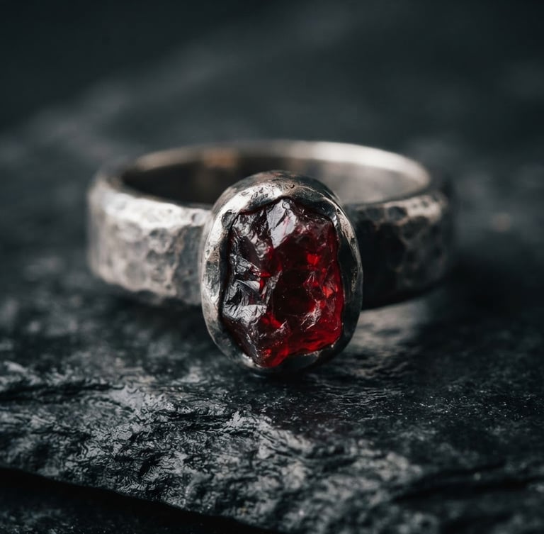 Macro editorial photography of a heavy hand-forged sterling silver ring set with a raw-cut red Aqeeq stone resting on a dark slate slab, dramatic side lighting, deep charcoal tones, 35mm