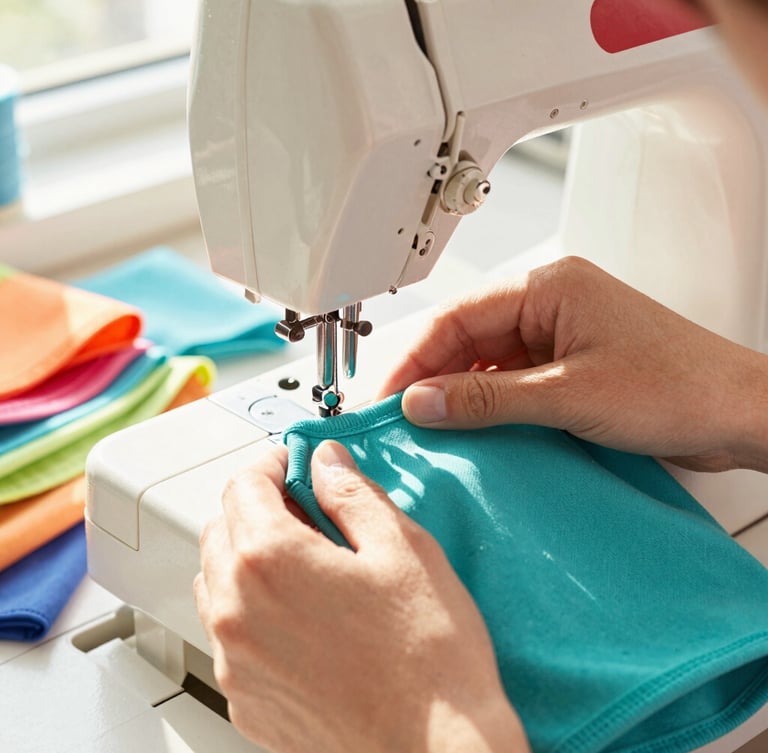 Close-up of hands carefully sewing a vibrant teal pet shirt on a vintage sewing machine, warm sunlight streaming through a window, soft focus on colorful fabrics.