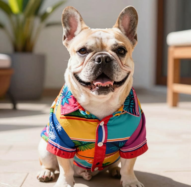 A happy French Bulldog wearing a custom-fit colorful Mexican summer shirt, sitting comfortably in a bright sunlit patio, eye-level medium shot, vibrant tones