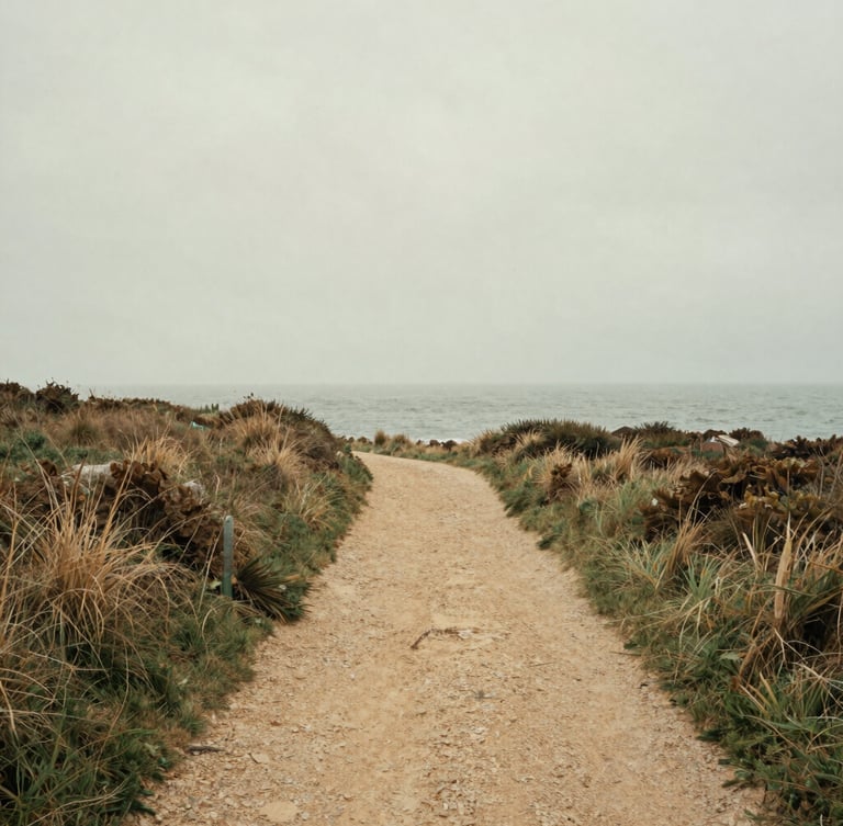 Wide shot of a rugged Breton coastal path leading towards a misty ocean horizon, soft overcast daylight, muted sage and warm sand tones, atmospheric film photography, 35mm lens