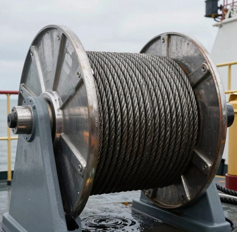 Extreme close-up of heavy-duty marine winch drum winding thick steel wire rope on an active vessel deck, overcast daylight, high-contrast metallic reflections