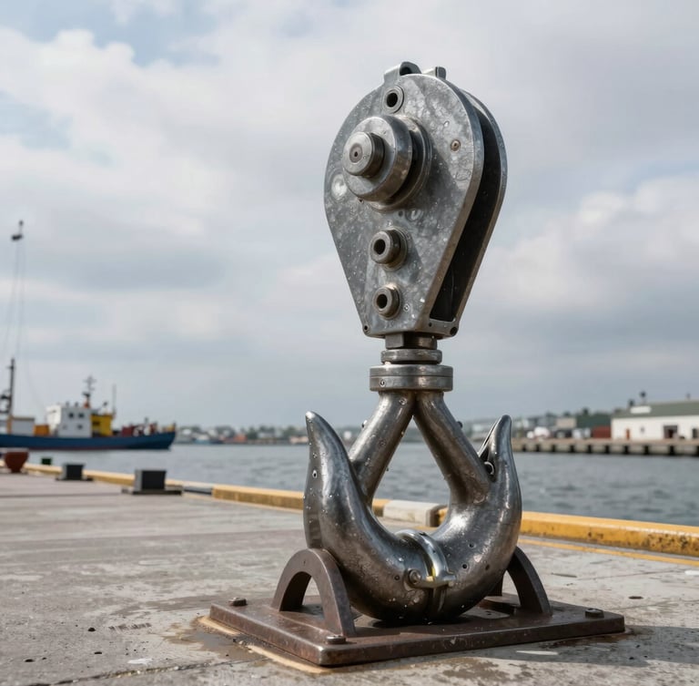 Wide environmental port shot of a heavy steel quick-release mooring hook assembly on a concrete jetty, overcast dockside daylight, industrial metallic texture.