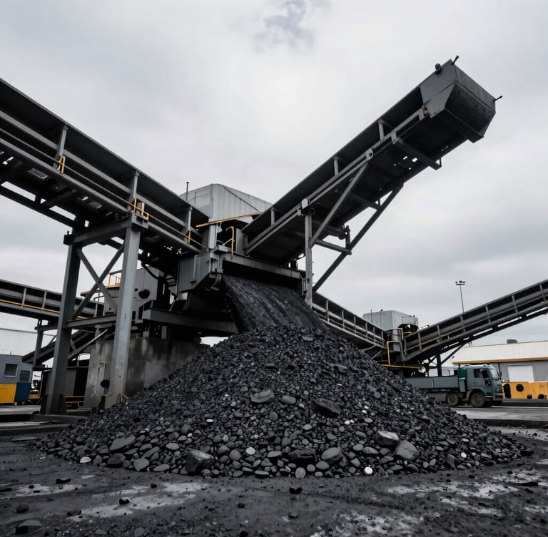 Wide angle shot of a heavy-duty industrial conveyor belt system moving raw coal at an Indonesian port terminal, overcast daylight, high-contrast steel structures.