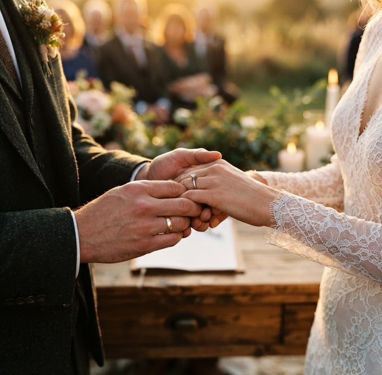 Close-up of hands holding during a wedding ceremony, warm golden hour light, rich editorial photography, deep saturated tones, 35mm film grain