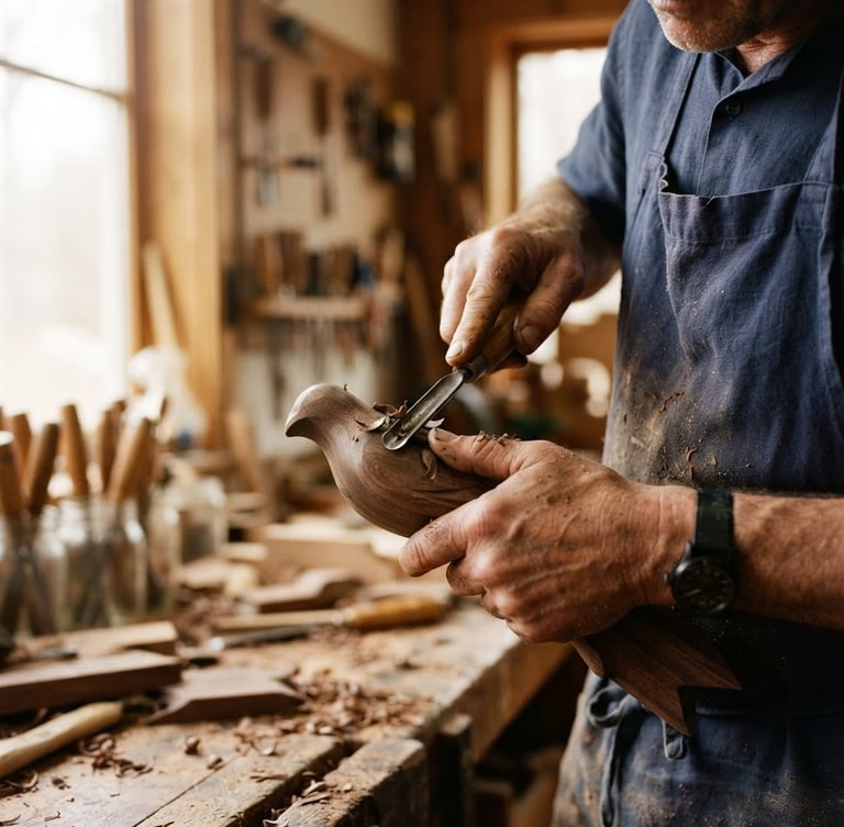 Close-up of hands carving dark wood in a sunlit workshop, rich ambient light, 35mm film grain, shallow depth of field