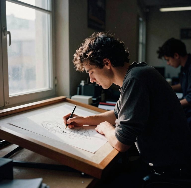 A designer sketching at a drafting table, dramatic side light from a large window, deep shadows, authentic atmosphere, 35mm film grain