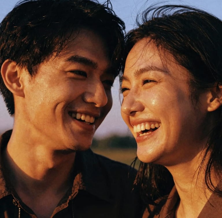 Candid close-up of a laughing couple at golden hour, warm ambient light, rich saturated tones, 35mm film grain, cinematic framing