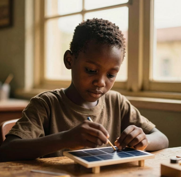 A medium close-up of a young African boy focused on building a small solar-powered model, warm golden-hour window light, rich authentic tones, shallow depth of field, 35mm