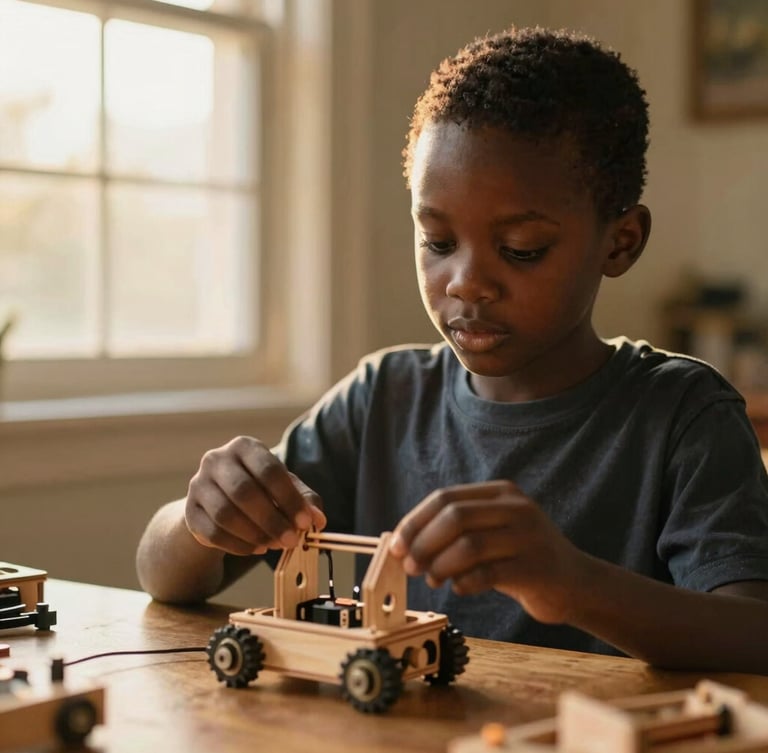 A focused young African boy assembling a wooden robotics kit, warm golden-hour window light, shallow depth of field, rich authentic tones.