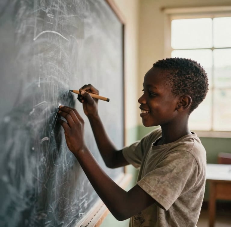 A young African boy smiling warmly as he writes on a clean chalkboard, sunlight streaming through a window, soft focus background, warm editorial style, 35mm