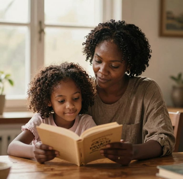A warm editorial portrait of an African mother and daughter reading together at a wooden table, soft morning window light, rich authentic tones, shallow depth of field, 35mm
