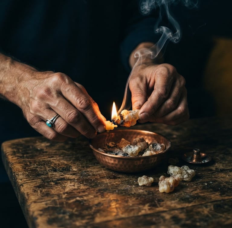 Manos encendiendo sahumerio de copal, humo sutil elevándose, sobre madera rústica, luz de vela cálida y tenue, claroscuro dramático, macro lens, 35mm.