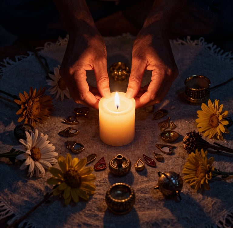 Primer plano de flores andinas secas y elementos rituales sobre una tela rústica, luz de vela, tonos tierra y oro, claroscuro, enfoque en la textura de las manos que preparan el ritual.