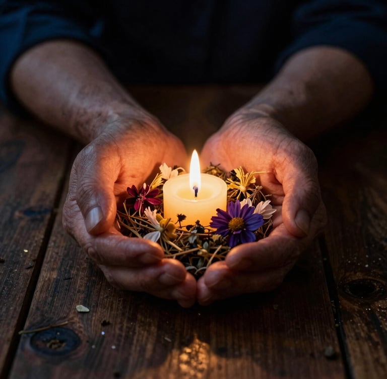 Close-up portrait of weathered hands holding a small, intricate ritualistic offering of dried flowers and herbs over a rustic wooden table, warm candlelight, deep shadows, mystical low-key photography.