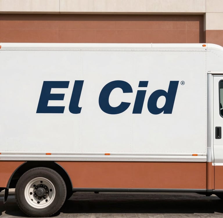 Side profile of a clean, modern refrigerated delivery truck with El Cid branding parked in bright California daylight, sharp focus